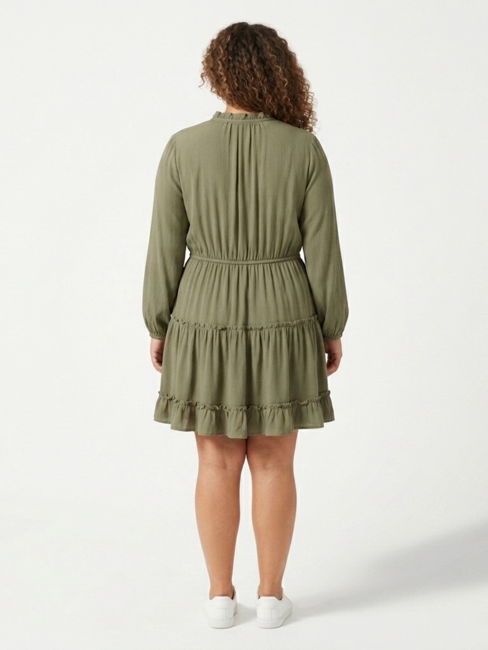 Asvivid, Ruffled Tiered Long-Sleeve Mini Dress in Olive - XL - Picture 2 of 6